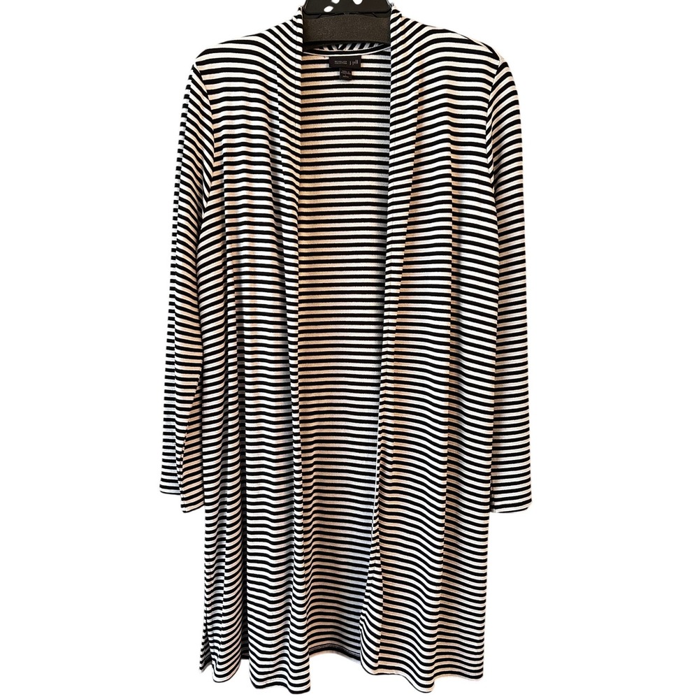 J. Jill Striped Longline Cardigan Sweater Open Front Stretch Black White Tan LP